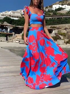 Women's Dress Set Two Piece Dress Skirt Set Long Dress Maxi Dress Yellow Fuchsia Sleeveless Floral Backless Summer Spring V Neck Vacation Slim 2023 S M L XL XXL -HANA Luxury Wear Shop noducn1645527798706