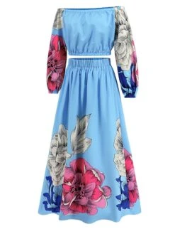 Women's Two Piece Dress Set Casual Dress Skirt Set Daily Going Out Casual Ruched Print Long Dress Maxi Dress Off Shoulder Long Sleeve Floral Regular Fit Blue Green Rose Red Fall Winter S M L XL XXL -HANA Luxury Wear Shop nomiha1692339435334