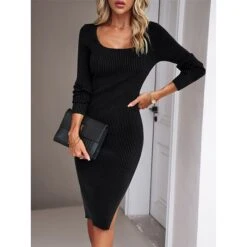 Women's Sweater Dress Winter Dress Jumper Dress Midi Dress Split Daily Date Going Out Active Fashion Crew Neck Long Sleeve 2023 Slim Black Blue Green Color S M L XL Size -HANA Luxury Wear Shop nonqmi1692353016219