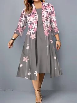 Women's Plus Size Two Piece Dress Set Casual Dress Swing Dress Outdoor Office Fashion Streetwear Print Midi Dress Crew Neck 3/4 Length Sleeve Floral Regular Fit White Pink Dark Pink Fall Winter L XL