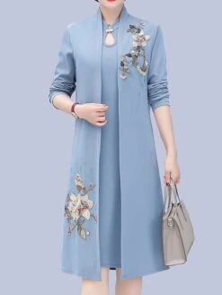 Women's Two Piece Dress Set Print Dress Outdoor Vacation Casual Print Midi Dress Stand Collar Long Sleeve Floral Loose Fit Pink Wine Blue Fall Winter XL XXL XXXL 4XL 5XL -HANA Luxury Wear Shop npazuu1675853175333