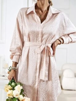 Women's Shirt Dress Midi Dress Outdoor Date Vacation Satin Fashion Elegant Shirt Collar Lace Up Button Long Sleeve Spring Fall Winter 2023 Loose Fit Black Wine Brown Pure Color S M L XL -HANA Luxury Wear Shop npbpgv1692856933190