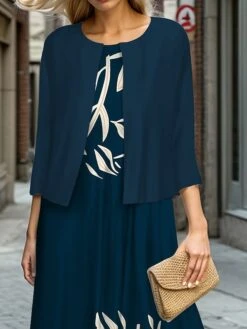 Women's Two Piece Dress Set Casual Dress Swing Dress Outdoor Office Fashion Streetwear Print Midi Dress Crew Neck 3/4 Length Sleeve Leaf Floral Regular Fit Navy Blue Gray Fall Winter S M L XL XXL -HANA Luxury Wear Shop npdtfa1697524427550