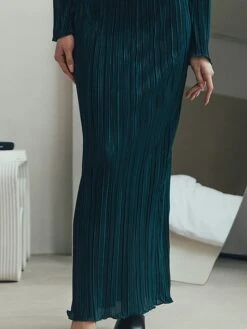 Women's Two Piece Dress Set Casual Dress Skirt Set Outdoor Daily Fashion Streetwear Pleated Midi Dress Crew Neck Long Sleeve Plain Regular Fit Blue Green Rose Red Fall Winter S M L -HANA Luxury Wear Shop npjkse1693534946744