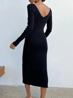 Women's Sweater Dress Jumper Dress Casual Dress Midi Dress Fashion Pure Color Outdoor Vacation Going Out V Neck Long Sleeve 2023 Regular Fit Black Pink Blue S M L -HANA Luxury Wear Shop npvwbi1697538593190