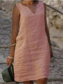 Women‘s Casual Dress Cotton Dress Shift Dress Midi Dress Green Blue Pink Sleeveless Pure Color Spring Summer V Neck Basic Daily Weekend Loose Fit 2023 S M L XL XXL 3XL 4XL -HANA Luxury Wear Shop nqxrbr1631265457856