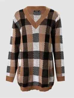 Women's Sweater Dress Winter Dress Jumper Dress Mini Dress Fashion Plaid Daily Date Going Out Weekend V Neck Long Sleeve Patchwork 2023 Regular Fit Khaki S M L XL -HANA Luxury Wear Shop nrbvhn1694591723279