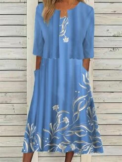 Women's Two Piece Dress Set Casual Dress Dress Set Outdoor Daily Fashion Streetwear Pocket Print Midi Dress Crew Neck Half Sleeve Floral Regular Fit Blue Summer Spring S M L XL XXL