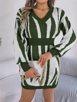 Women's Sweater Dress Winter Dress Jumper Dress Mini Dress Warm Stripe Outdoor Casual Holiday Vacation V Neck Long Sleeve Patchwork 2023 Loose Fit Green Khaki Rose Red S M L -HANA Luxury Wear Shop nrpwxc1696926515716