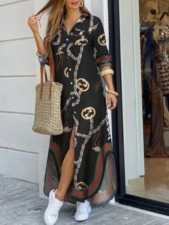 Women's Shirt Dress Long Dress Maxi Dress Black Blue Army Green Long Sleeve Leopard Patchwork Fall Spring Shirt Collar Winter Dress Fall Dress Loose Fit S M L XL XXL -HANA Luxury Wear Shop nrymkt1608278555720