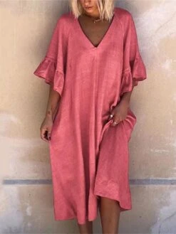 Women's Casual Dress Cotton Linen Dress Swing Dress Midi Dress Cotton Blend Basic Casual Outdoor Daily V Neck Ruffle Patchwork Half Sleeve Summer Spring 2023 Loose Fit Light Blue Pink Blue Plain S M -HANA Luxury Wear Shop nsbndw1677045654421