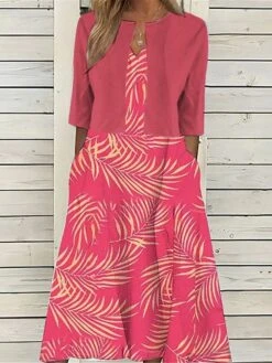 Women's Two Piece Dress Set Casual Dress Print Dress Daily Vacation Active Fashion Pocket Print Midi Dress V Neck Half Sleeve Leaf Regular Fit Pink Summer Spring S M L XL XXL