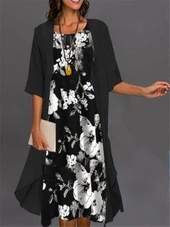 Women's Two Piece Dress Set Casual Dress Print Black Dress Outdoor Daily Fashion Elegant Print Midi Dress Crew Neck 3/4 Length Sleeve -HANA Luxury Wear Shop nskvkl1692958420612