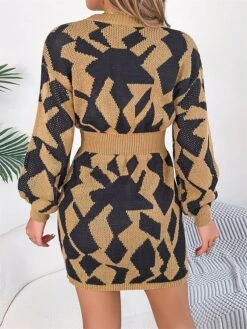 Women's Sweater Dress Jumper Dress Casual Dress Mini Dress Fashion Geometric Color Block Outdoor Daily Going Out Crew Neck Long Sleeve Cut Out 2023 Loose Fit Green Khaki Rose Red S M L -HANA Luxury Wear Shop ntekcf1695813732970