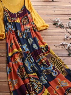 Women's Two Piece Dress Set Casual Dress Print Dress Daily Going Out Basic Ethnic Ruched Patchwork Midi Dress Crew Neck Long Sleeve Graphic Tribal Loose Fit Yellow Blue Fuchsia Summer Spring M L XL -HANA Luxury Wear Shop ntemai1677121568374