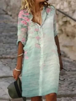 Women's Shirt Dress Casual Dress Shift Dress Midi Dress Outdoor Daily Vacation Polyester Fashion Modern Shirt Collar Button Print Half Sleeve Summer Spring Fall 2023 Regular Fit White Pink Green -HANA Luxury Wear Shop ntgpfn1684208978750