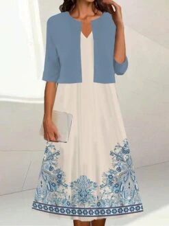 Women's Two Piece Dress Set Casual Dress Print Dress Outdoor Daily Fashion Elegant Print Midi Dress V Neck Half Sleeve Floral Regular Fit Navy Blue Blue Green Summer Spring S M L XL XXL -HANA Luxury Wear Shop nthidn1688117340844