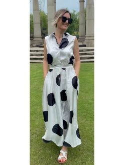Women's Shirt Dress Casual Dress Swing Dress Maxi Long Dress Outdoor Office Daily Satin Fashion Modern Shirt Collar Button Pocket Sleeveless Summer Spring 2023 Regular Fit Black White Green Polka Dot -HANA Luxury Wear Shop ntjxok1689836176793