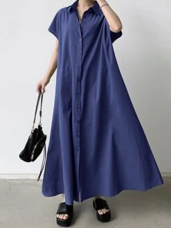Women's Shirt Dress Casual Dress Maxi Long Dress Outdoor Daily Cotton Linen Basic Classic Shirt Collar Button Short Sleeve Summer Spring 2023 Loose Fit Navy Blue Brown Green Pure Color S M L XL XXL -HANA Luxury Wear Shop ntkilh1688542127513
