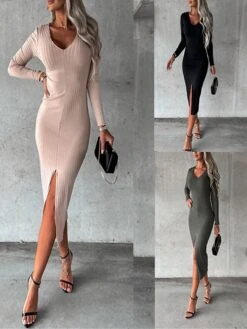 Women's Sweater Dress Jumper Dress Casual Dress Midi Dress Fashion Plain Outdoor Casual Daily Going Out V Neck Long Sleeve 2023 Slim Black Wine Khaki S M L XL XXL 3XL