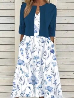 Women's Two Piece Dress Set Casual Dress Print Dress Outdoor Daily Fashion Elegant Pocket Print Midi Dress V Neck Half Sleeve Floral Regular Fit Pink Blue Summer Spring S M L XL XXL -HANA Luxury Wear Shop nvozqi1680780703464