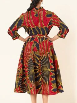 Women's Shirt Dress Print Dress Midi Dress Midi Dress Outdoor Daily Date Polyester Fashion Vintage Shirt Collar Lace Up Strappy Long Sleeve Summer Spring Fall 2023 Regular Fit Red Leaf Stripe Painting -HANA Luxury Wear Shop nvwjfh1663921953790