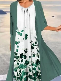 Women's Two Piece Dress Set Casual Dress Print Dress Outdoor Daily Fashion Elegant Print Midi Dress Crew Neck 3/4 Length Sleeve Floral Ombre Loose Fit Light Green Blue Purple Summer Spring S M L XL -HANA Luxury Wear Shop nwhqln1690857729445