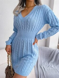 Women‘s Sweater Dress Winter Dress Sheath Dress Blue Khaki White Long Sleeve Pure Color Knit Winter Fall V Neck Fashion Classic Lantern Sleeve Fit 2022 S M L White Dress -HANA Luxury Wear Shop nwognd1662432828300