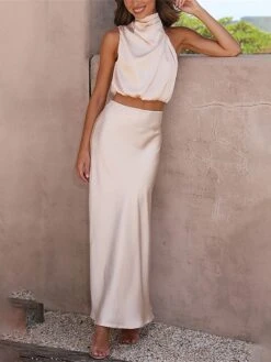 Women's Two Piece Dress Set Casual Dress Skirt Set Daily Holiday Fashion Sexy Ruched Long Dress Maxi Dress Stand Collar Sleeveless Plain Regular Fit Black White Light Green Summer Spring S M L XL -HANA Luxury Wear Shop nwqisq1690857196752