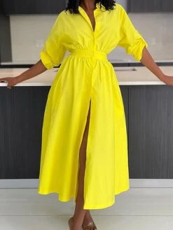 Women's Shirt Dress Casual Dress Swing Dress Midi Dress Outdoor Daily Vacation Polyester Fashion Casual Shirt Collar Patchwork Button Long Sleeve Fall Winter 2023 Loose Fit Yellow Pink Plain S M L XL -HANA Luxury Wear Shop nwyovt1697526635700