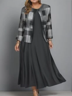 Women's Plus Size Two Piece Dress Set Casual Dress Swing Dress Outdoor Office Fashion Streetwear Print Midi Dress Crew Neck Long Sleeve Plaid Regular Fit Black Blue Brown Fall Winter L XL XXL 3XL 4XL -HANA Luxury Wear Shop nxhzzl1697681149900