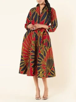 Women's Shirt Dress Print Dress Midi Dress Midi Dress Outdoor Daily Date Polyester Fashion Vintage Shirt Collar Lace Up Strappy Long Sleeve Summer Spring Fall 2023 Regular Fit Red Leaf Stripe Painting -HANA Luxury Wear Shop nxkypq1663921954050