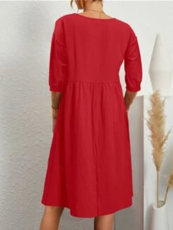 Women's Casual Dress Cotton Dress Midi Dress Cotton Basic Classic Outdoor Daily Vacation Crew Neck Ruched 3/4 Length Sleeve Fall Winter Autumn 2023 Loose Fit ArmyGreen Black White Plain S M L XL 2XL -HANA Luxury Wear Shop nxxznw1693739257625