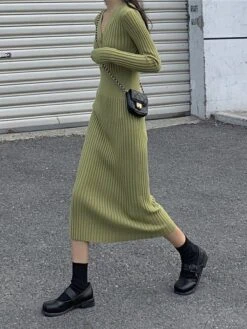 Women‘s Sweater Dress Winter Dress Sheath Dress Midi Dress Black White Green Long Sleeve Pure Color Button Fall Winter Autumn V Neck Stylish Winter Dress Fall Dress 2023 One-Size -HANA Luxury Wear Shop nyludh1665656615891