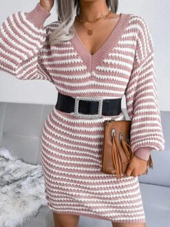 Women's Sweater Dress Jumper Dress Casual Dress Mini Dress Active Multicolor Outdoor Casual Daily Holiday V Neck Long Sleeve Patchwork 2023 Loose Fit Pink Blue Khaki S M L -HANA Luxury Wear Shop nypsaf1692947785197