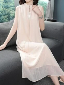 Women's Two Piece Dress Set Casual Dress Chiffon Dress Daily Holiday Fashion Streetwear Layered Midi Dress Stand Collar 3/4 Length Sleeve Plain Regular Fit White Beige Fall Winter M L XL XXL 3XL -HANA Luxury Wear Shop nzardp1697524672301