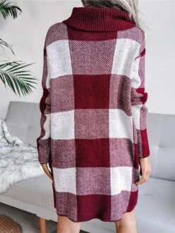 Women‘s Christmas Sweater Dress Winter Dress Sheath Dress Blue Wine Khaki Gray Long Sleeve Plaid Color Block Patchwork Winter Fall Turtleneck Casual S M L -HANA Luxury Wear Shop nzcmbx1634118521518
