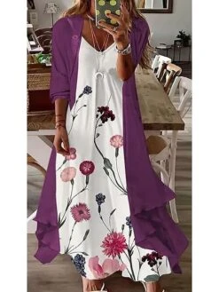 Women's Dress Set Two Piece Dress Swing Dress Long Dress Maxi Dress Black Purple Orange Half Sleeve Floral Summer Spring V Neck Elegant Loose Fit 2023 M L XL XXL XXXL -HANA Luxury Wear Shop nzevjh1647926184542