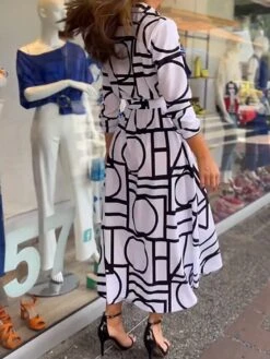 Women's Shirt Dress Casual Dress Maxi Long Dress Outdoor Daily Vacation Polyester Fashion Modern Shirt Collar Button Print Long Sleeve Summer Spring Fall 2023 Loose Fit White Geometric Color Block S -HANA Luxury Wear Shop nzfwsl1691750264530