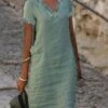 Women's Cotton Linen Dress Casual Dress Shift Dress Midi Dress Cotton Blend Basic Casual Outdoor Daily V Neck Patchwork Short Sleeve Summer Spring 2023 Loose Fit Green Plain S M L XL 2XL -HANA Luxury Wear Shop oatcko1678333283647