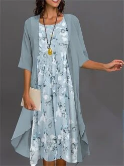 Women's Two Piece Dress Set Casual Dress Chiffon Dress Outdoor Daily Fashion Streetwear Print Midi Dress Crew Neck Half Sleeve Floral Ombre Regular Fit Pink Blue Purple Fall Winter S M L XL XXL -HANA Luxury Wear Shop oaufrj1695194250424