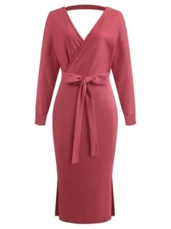 Women's Sweater Dress Winter Dress Jumper Dress Midi Dress Lace Up Split Daily Date Going Out Active Fashion V Neck Long Sleeve 2023 Regular Fit Black Yellow Fuchsia Color S M L XL XXL Size -HANA Luxury Wear Shop obbotz1692857089245