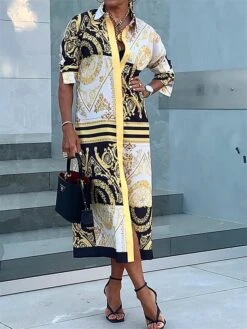 Women's Shirt Dress Casual Dress Maxi Long Dress Outdoor Daily Vacation Polyester Vintage Retro Shirt Collar Button Print Long Sleeve Fall Winter 2023 Loose Fit Yellow Color Block Tribal Ethnic S M L
