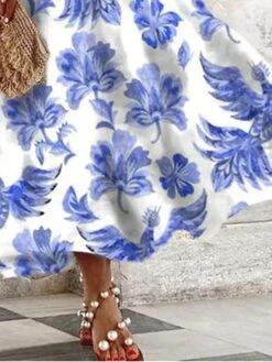 Women's Two Piece Dress Set Casual Dress Swing Dress Outdoor Daily Fashion Elegant Lace Up Print Long Dress Maxi Dress Crew Neck Short Sleeve Floral Regular Fit Blue Summer Spring S M L XL XXL -HANA Luxury Wear Shop obvbbs1684150727746