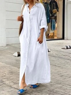 Women's Shirt Dress Casual Dress Cotton Linen Dress Maxi Long Dress Linen / Cotton Blend Basic Classic Outdoor Daily Vacation Shirt Collar Button Pocket 3/4 Length Sleeve Summer Spring Fall 2023 -HANA Luxury Wear Shop octozs1692084277090