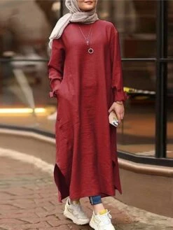 Women's Casual Dress Cotton Linen Dress Abaya Maxi Long Dress Linen / Cotton Blend Classic Casual Outdoor Daily Vacation Crew Neck Pocket Split Long Sleeve Spring Fall Winter 2023 Loose Fit ArmyGreen -HANA Luxury Wear Shop ocxxwd1692340968807