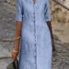 Women's Casual Dress Cotton Linen Dress Shift Dress Midi Dress Cotton Blend Basic Modern Outdoor Daily Vacation Stand Collar Button Half Sleeve Summer Spring Fall 2023 Loose Fit Blue Plain S M L XL -HANA Luxury Wear Shop oczfdn1684322610208