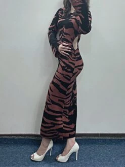 Women's Sweater Dress Winter Dress Jumper Dress Long Dress Maxi Dress Fashion Print Outdoor Daily Holiday Date Crew Neck Long Sleeve Cut Out Print 2023 Slim Brown S M L XL XXL -HANA Luxury Wear Shop odouiq1692938794546