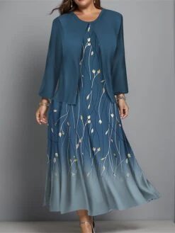 Women's Plus Size Two Piece Dress Set Casual Dress Swing Dress Outdoor Office Fashion Streetwear Print Midi Dress Crew Neck Long Sleeve Floral Ombre Regular Fit Wine Blue Green Fall Winter L XL XXL -HANA Luxury Wear Shop odrqep1697444372573