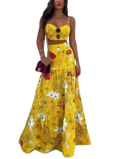 Women's Dress Set Two Piece Dress Skirt Set Long Dress Maxi Dress Yellow Green Sleeveless Floral Backless Summer Spring Spaghetti Strap Vacation 2023 S M L XL XXL 3XL -HANA Luxury Wear Shop odwcmv1645342494689